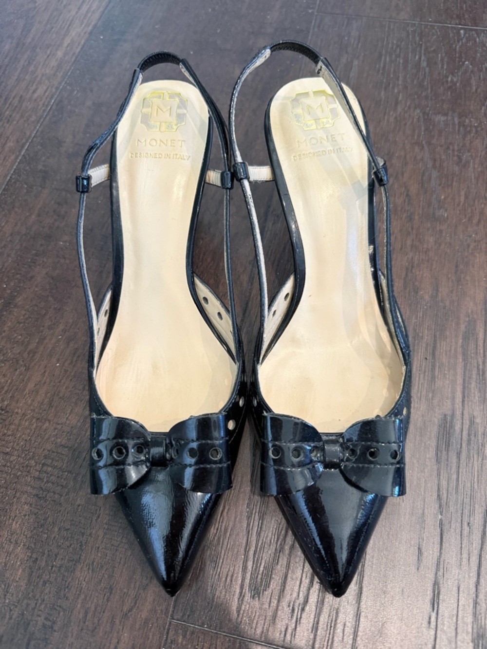Monet Black Patent Leather Pointed-Toe Slingback Pumps with Bow